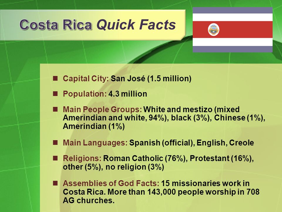 Capital City: San José (1.5 million) Population: 4.3 million Main People Groups: White and mestizo (mixed Amerindian and white, 94%), black (3%), Chinese (1%), Amerindian (1%) Main Languages: Spanish (official), English, Creole Religions: Roman Catholic (76%), Protestant (16%), other (5%), no religion (3%) Assemblies of God Facts: 15 missionaries work in Costa Rica.