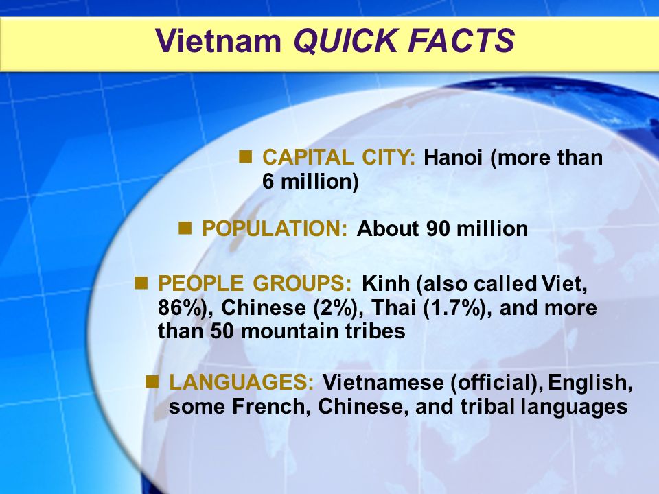 PEOPLE GROUPS: Kinh (also called Viet, 86%), Chinese (2%), Thai (1.7%), and more than 50 mountain tribes Vietnam QUICK FACTS CAPITAL CITY: Hanoi (more than 6 million) POPULATION: About 90 million LANGUAGES: Vietnamese (official), English, some French, Chinese, and tribal languages