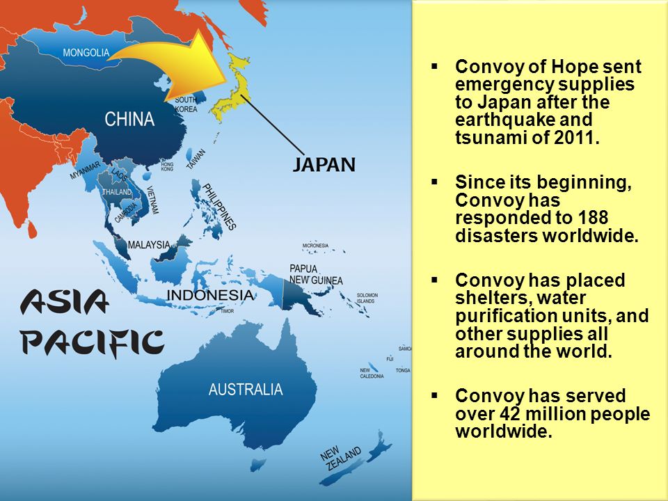 Convoy of Hope sent emergency supplies to Japan after the earthquake and tsunami of 2011.