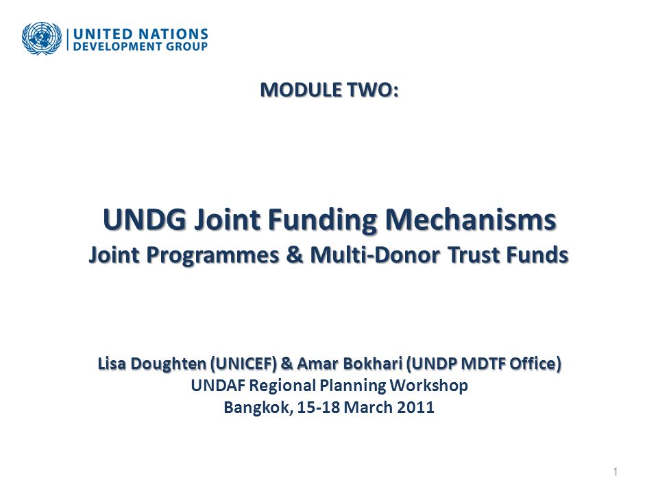 MODULE TWO: UNDG Joint Funding Mechanisms Joint Programmes & Multi-Donor Trust Funds Lisa Doughten (UNICEF) & Amar Bokhari (UNDP MDTF Office) MODULE TWO: UNDG Joint Funding Mechanisms Joint Programmes & Multi-Donor Trust Funds Lisa Doughten (UNICEF) & Amar Bokhari (UNDP MDTF Office) UNDAF Regional Planning Workshop Bangkok, March