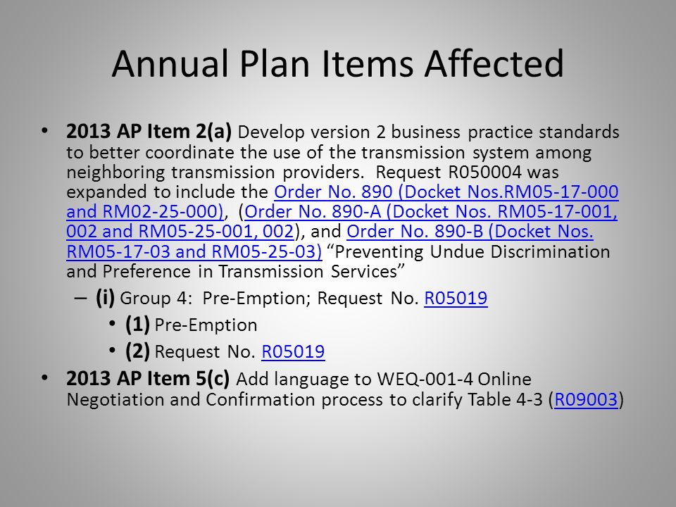 Annual Plan Items Affected 2013 AP Item 2(a) Develop version 2 business practice standards to better coordinate the use of the transmission system among neighboring transmission providers.