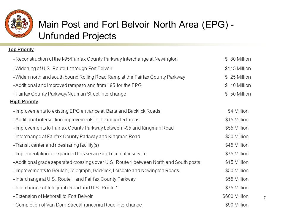 7 Main Post and Fort Belvoir North Area (EPG) - Unfunded Projects Top Priority - Reconstruction of the I-95/Fairfax County Parkway Interchange at Newington $ 80 Million - Widening of U.S.