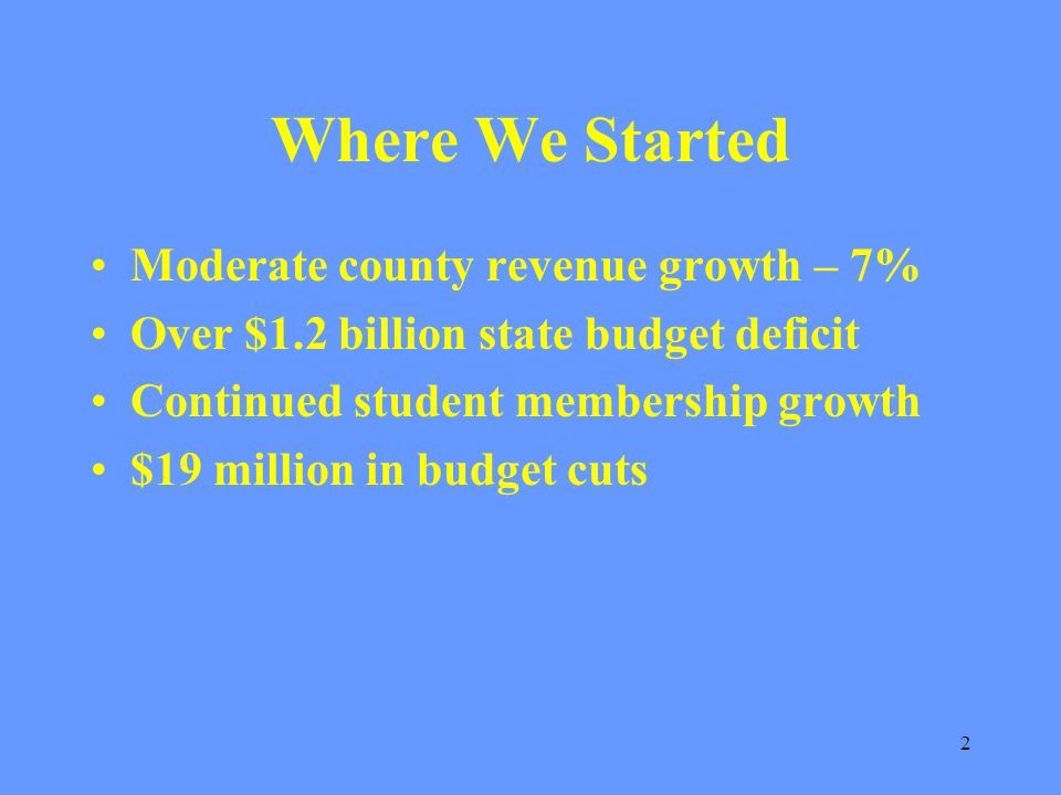 2 Where We Started Moderate county revenue growth – 7% Over $1.2 billion state budget deficit Continued student membership growth $19 million in budget cuts