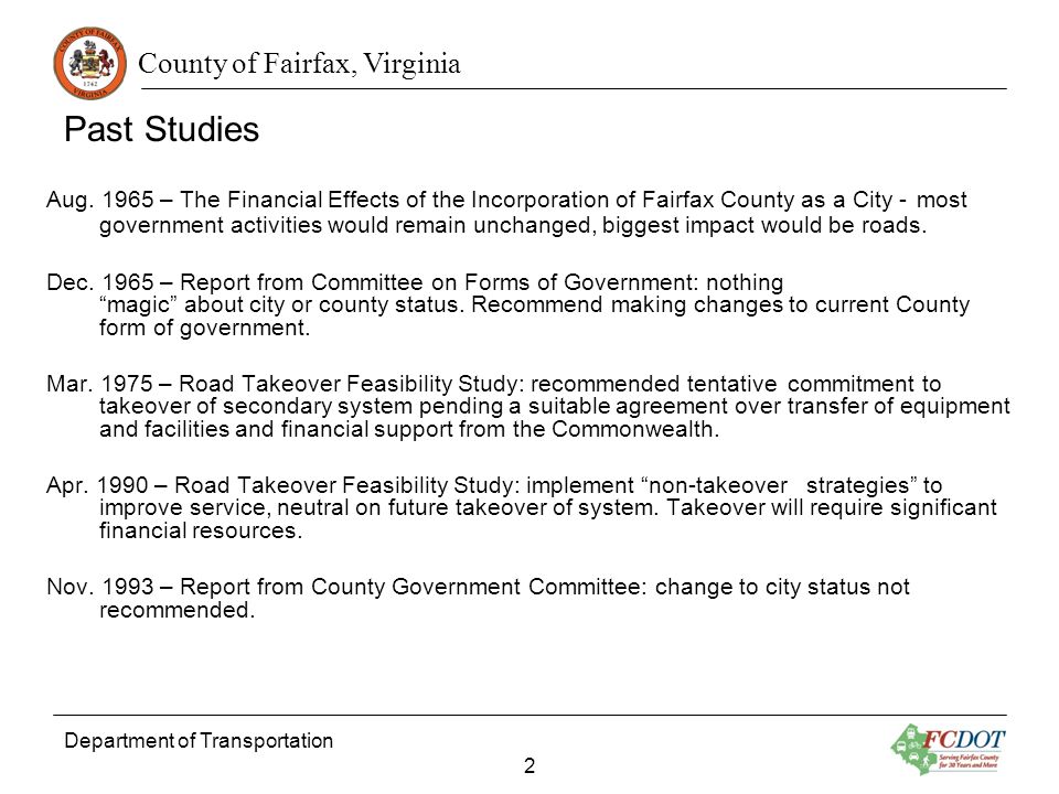 County of Fairfax, Virginia Department of Transportation 2 Past Studies Aug.