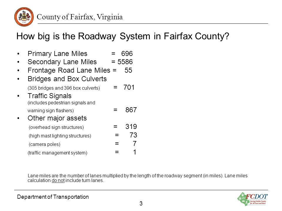 County of Fairfax, Virginia Department of Transportation 3 How big is the Roadway System in Fairfax County.
