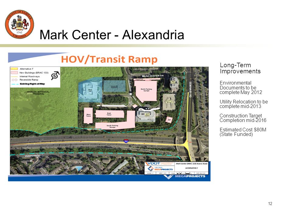 12 Mark Center - Alexandria Long-Term Improvements Environmental Documents to be complete May 2012 Utility Relocation to be complete mid-2013 Construction Target Completion mid-2016 Estimated Cost $80M (State Funded)