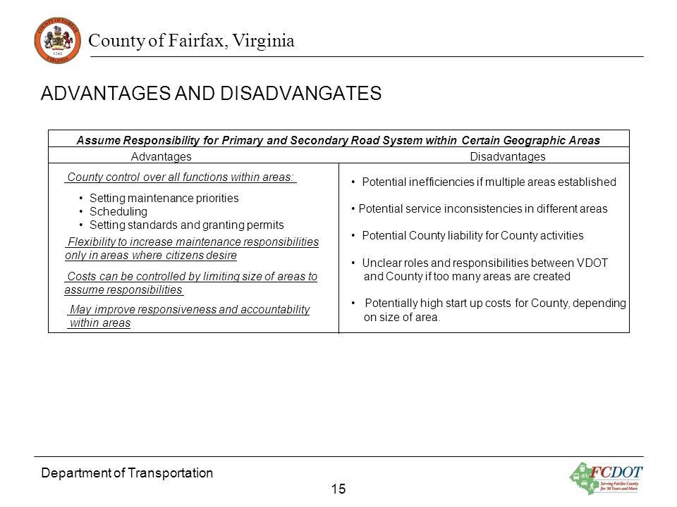 County of Fairfax, Virginia Department of Transportation 15 Advantages Disadvantages Assume Responsibility for Primary and Secondary Road System within Certain Geographic Areas County control over all functions within areas: Setting maintenance priorities Scheduling Setting standards and granting permits Flexibility to increase maintenance responsibilities only in areas where citizens desire Costs can be controlled by limiting size of areas to assume responsibilities May improve responsiveness and accountability within areas Potential inefficiencies if multiple areas established Potential service inconsistencies in different areas Potential County liability for County activities Unclear roles and responsibilities between VDOT and County if too many areas are created Potentially high start up costs for County, depending on size of area.