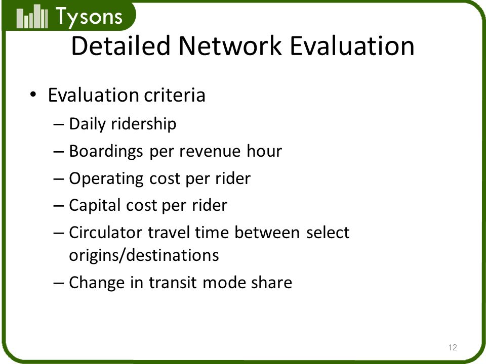 Tysons Detailed Network Evaluation Evaluation criteria – Daily ridership – Boardings per revenue hour – Operating cost per rider – Capital cost per rider – Circulator travel time between select origins/destinations – Change in transit mode share 12