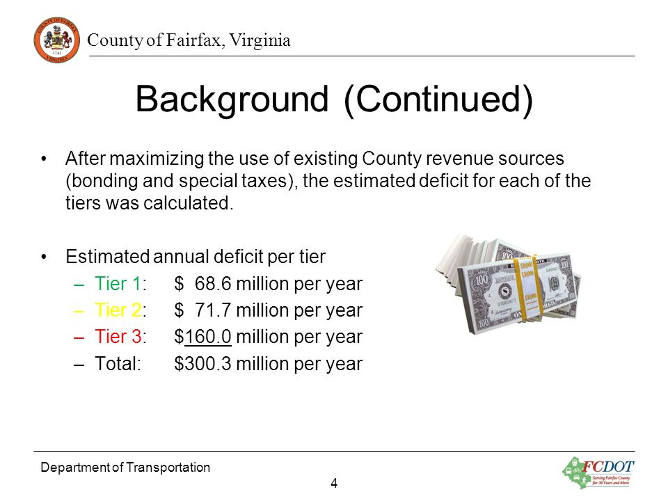 County of Fairfax, Virginia Background (Continued) After maximizing the use of existing County revenue sources (bonding and special taxes), the estimated deficit for each of the tiers was calculated.