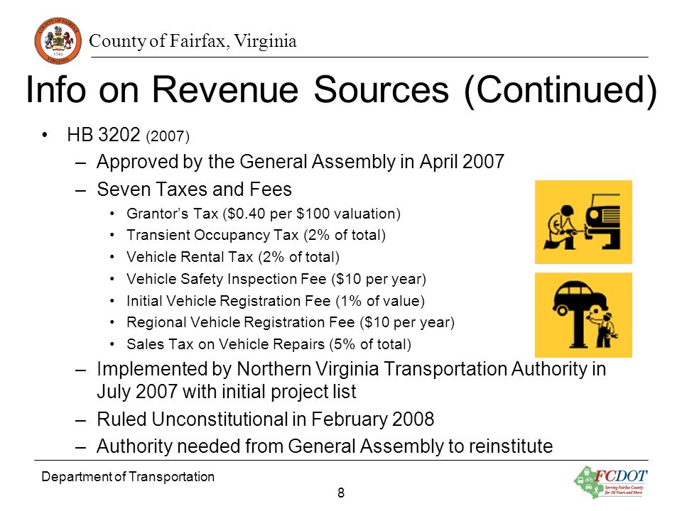 County of Fairfax, Virginia Info on Revenue Sources (Continued) HB 3202 (2007) –Approved by the General Assembly in April 2007 –Seven Taxes and Fees Grantors Tax ($0.40 per $100 valuation) Transient Occupancy Tax (2% of total) Vehicle Rental Tax (2% of total) Vehicle Safety Inspection Fee ($10 per year) Initial Vehicle Registration Fee (1% of value) Regional Vehicle Registration Fee ($10 per year) Sales Tax on Vehicle Repairs (5% of total) –Implemented by Northern Virginia Transportation Authority in July 2007 with initial project list –Ruled Unconstitutional in February 2008 –Authority needed from General Assembly to reinstitute Department of Transportation 8