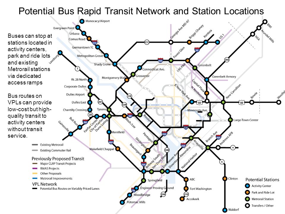 17 Potential Bus Rapid Transit Network and Station Locations Buses can stop at stations located in activity centers, park and ride lots and existing Metrorail stations via dedicated access ramps Bus routes on VPLs can provide low-cost but high- quality transit to activity centers without transit service.