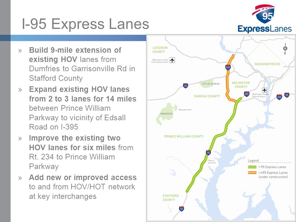 Click to edit Master title style »Click to edit Master text styles –Second level Third level –Fourth level Fifth level I-95 Express Lanes »Build 9-mile extension of existing HOV lanes from Dumfries to Garrisonville Rd in Stafford County »Expand existing HOV lanes from 2 to 3 lanes for 14 miles between Prince William Parkway to vicinity of Edsall Road on I-395 »Improve the existing two HOV lanes for six miles from Rt.