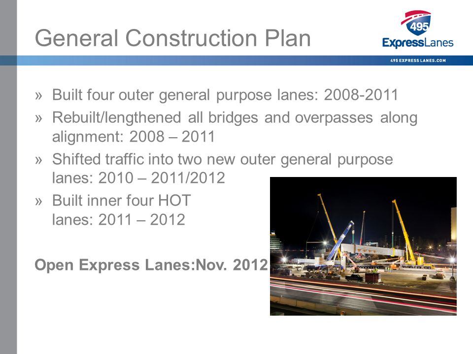 Click to edit Master title style »Click to edit Master text styles –Second level Third level –Fourth level Fifth level General Construction Plan »Built four outer general purpose lanes: »Rebuilt/lengthened all bridges and overpasses along alignment: 2008 – 2011 »Shifted traffic into two new outer general purpose lanes: 2010 – 2011/2012 »Built inner four HOT lanes: 2011 – 2012 Open Express Lanes:Nov.
