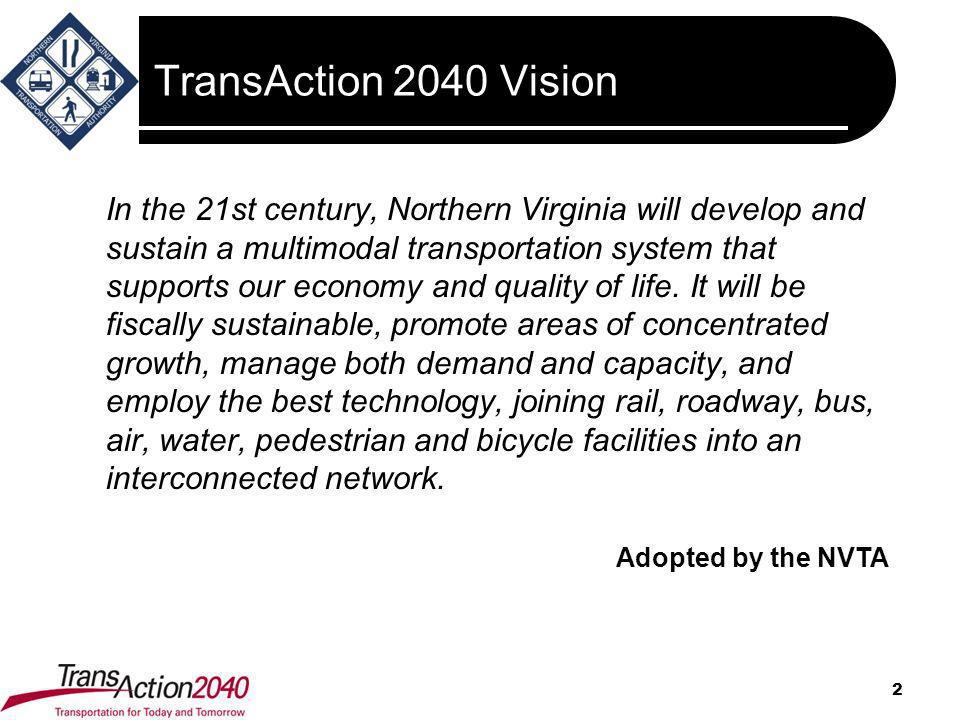 TransAction 2040 Vision 2 In the 21st century, Northern Virginia will develop and sustain a multimodal transportation system that supports our economy and quality of life.