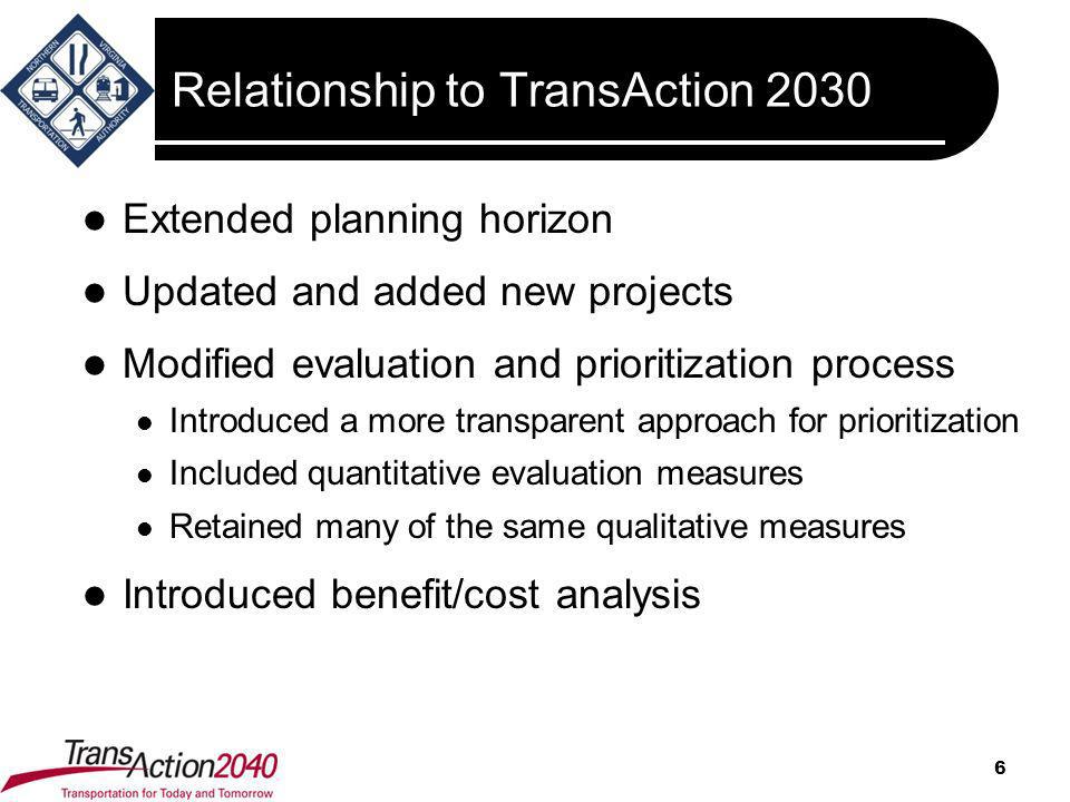 Relationship to TransAction 2030 Extended planning horizon Updated and added new projects Modified evaluation and prioritization process Introduced a more transparent approach for prioritization Included quantitative evaluation measures Retained many of the same qualitative measures Introduced benefit/cost analysis 6