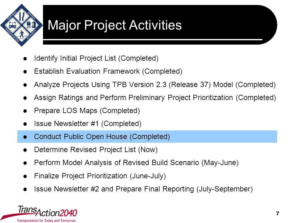 Major Project Activities Identify Initial Project List (Completed) Establish Evaluation Framework (Completed) Analyze Projects Using TPB Version 2.3 (Release 37) Model (Completed) Assign Ratings and Perform Preliminary Project Prioritization (Completed) Prepare LOS Maps (Completed) Issue Newsletter #1 (Completed) Conduct Public Open House (Completed) Determine Revised Project List (Now) Perform Model Analysis of Revised Build Scenario (May-June) Finalize Project Prioritization (June-July) Issue Newsletter #2 and Prepare Final Reporting (July-September) 7