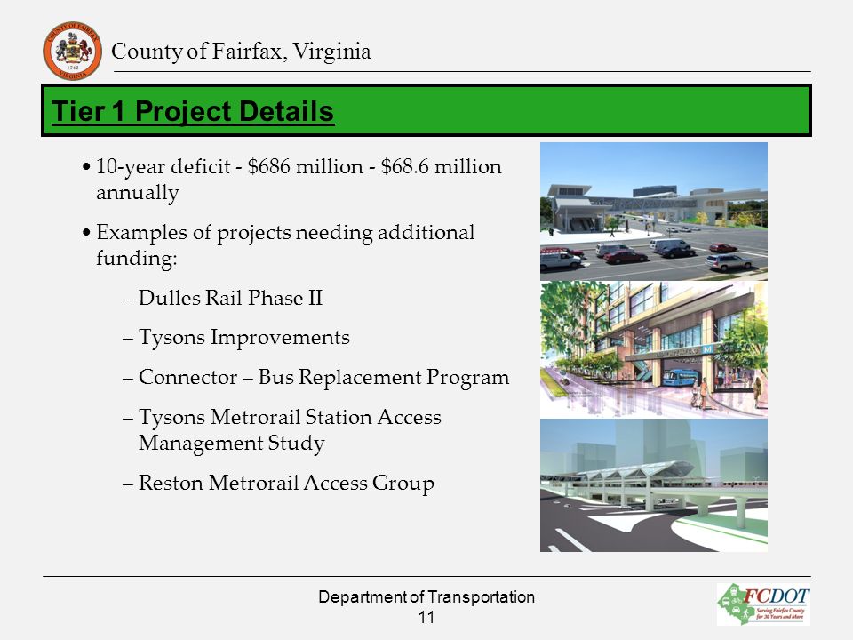 County of Fairfax, Virginia 10-year deficit - $686 million - $68.6 million annually Examples of projects needing additional funding: –Dulles Rail Phase II –Tysons Improvements –Connector – Bus Replacement Program –Tysons Metrorail Station Access Management Study –Reston Metrorail Access Group Department of Transportation 11 Tier 1 Project Details