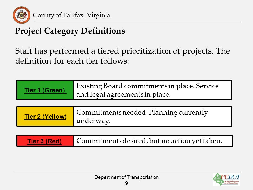County of Fairfax, Virginia Project Category Definitions Staff has performed a tiered prioritization of projects.