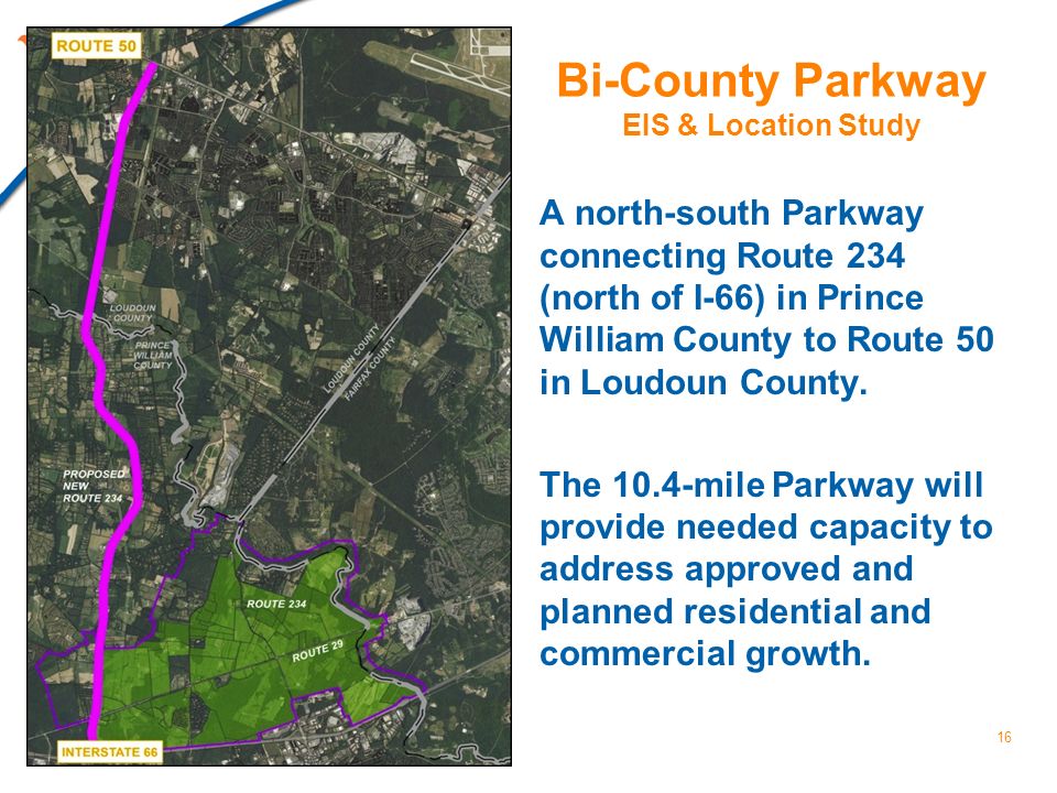 Bi-County Parkway EIS & Location Study A north-south Parkway connecting Route 234 (north of I-66) in Prince William County to Route 50 in Loudoun County.