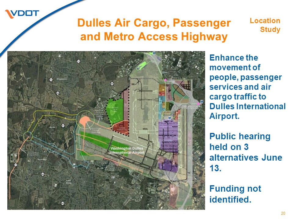 Dulles Air Cargo, Passenger and Metro Access Highway Enhance the movement of people, passenger services and air cargo traffic to Dulles International Airport.