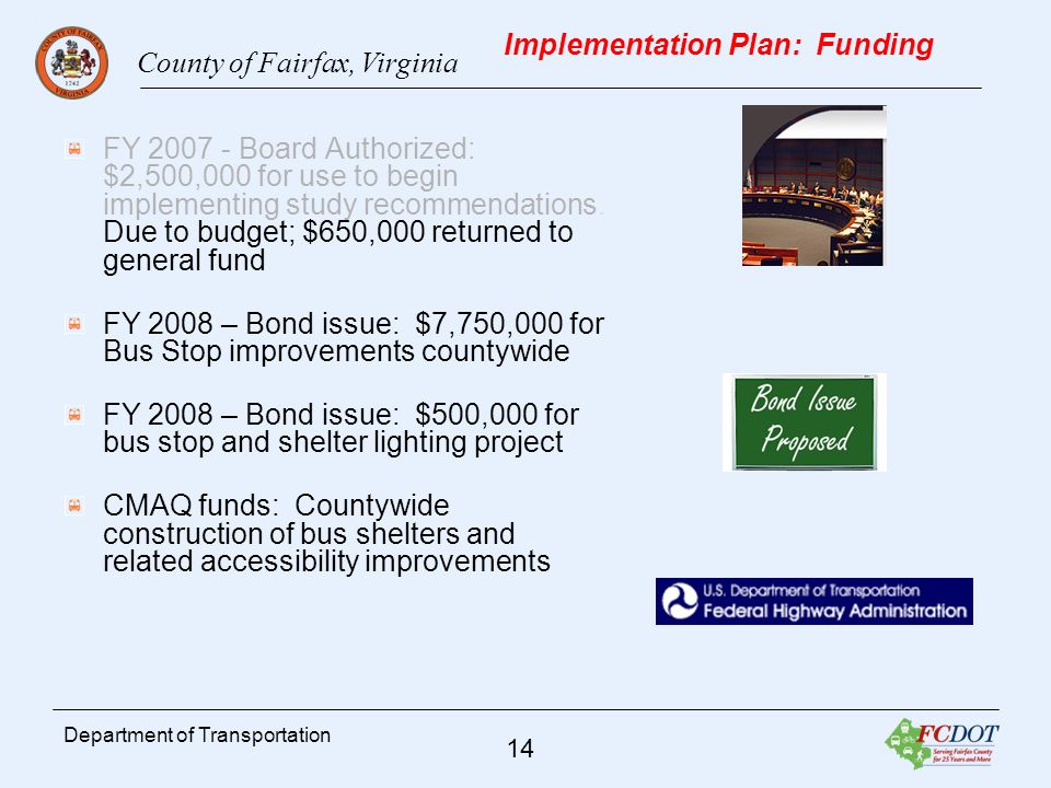 County of Fairfax, Virginia 14 Department of Transportation Implementation Plan: Funding FY Board Authorized: $2,500,000 for use to begin implementing study recommendations.