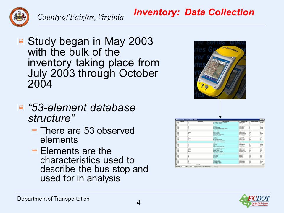 County of Fairfax, Virginia 4 Department of Transportation Inventory: Data Collection Study began in May 2003 with the bulk of the inventory taking place from July 2003 through October element database structure There are 53 observed elements Elements are the characteristics used to describe the bus stop and used for in analysis