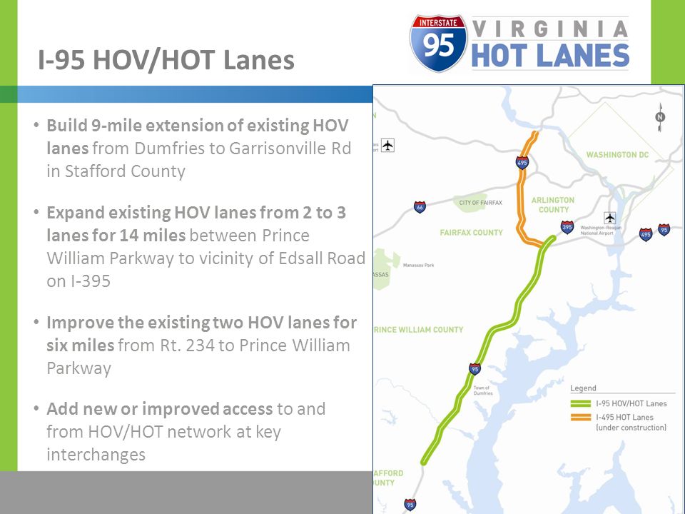 The Title Would be Placed Here I-95 HOV/HOT Lanes Build 9-mile extension of existing HOV lanes from Dumfries to Garrisonville Rd in Stafford County Expand existing HOV lanes from 2 to 3 lanes for 14 miles between Prince William Parkway to vicinity of Edsall Road on I-395 Improve the existing two HOV lanes for six miles from Rt.