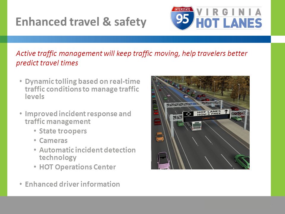The Title Would be Placed Here Enhanced travel & safety Dynamic tolling based on real-time traffic conditions to manage traffic levels Improved incident response and traffic management State troopers Cameras Automatic incident detection technology HOT Operations Center Enhanced driver information Active traffic management will keep traffic moving, help travelers better predict travel times