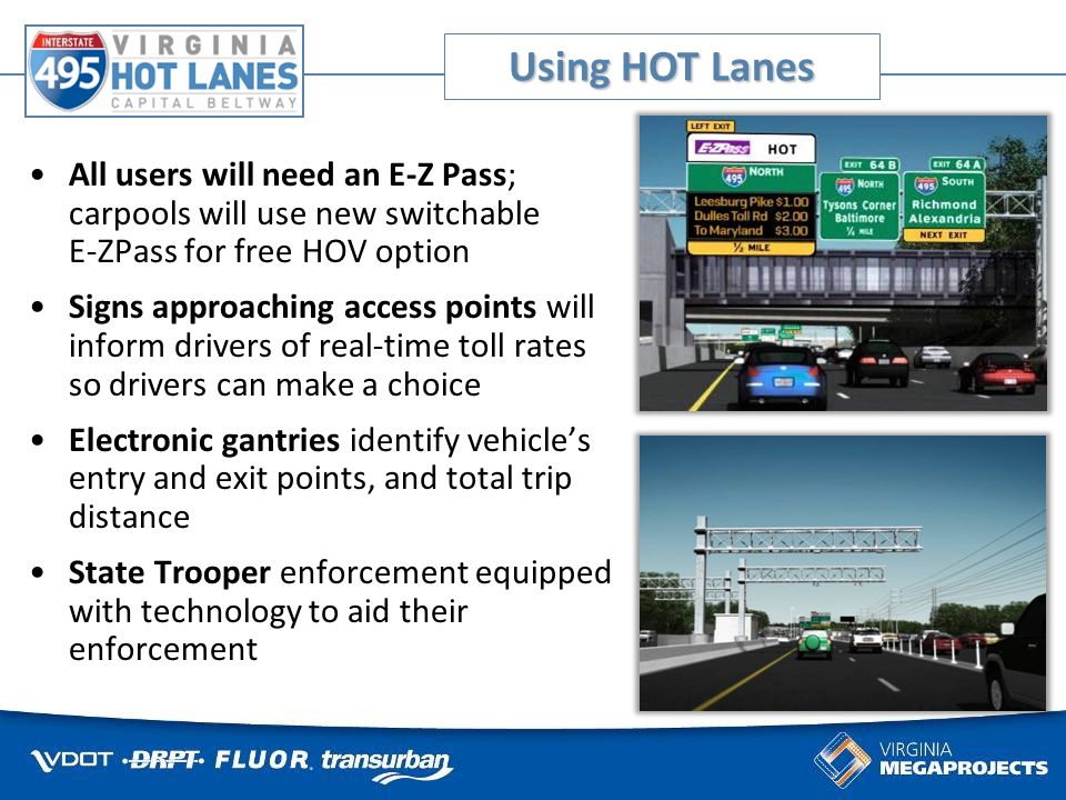 All users will need an E-Z Pass; carpools will use new switchable E-ZPass for free HOV option Signs approaching access points will inform drivers of real-time toll rates so drivers can make a choice Electronic gantries identify vehicles entry and exit points, and total trip distance State Trooper enforcement equipped with technology to aid their enforcement Using HOT Lanes
