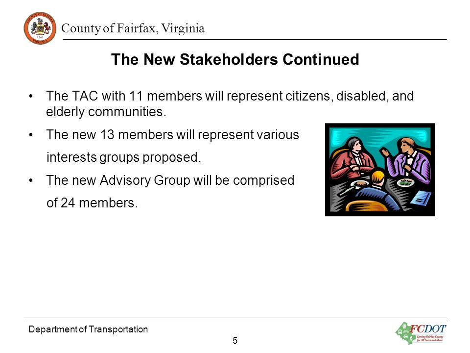 County of Fairfax, Virginia The New Stakeholders Continued The TAC with 11 members will represent citizens, disabled, and elderly communities.