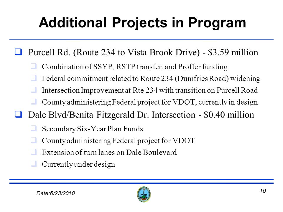 9 Date:6/23/2010 Route 28 (Linton Hall Rd to Fitzwater Dr) - $9.813 million Combination of RSTP funds, Transferred Federal funds, and proffers Funds will complete design and buy some of ROW 2006 Road Bond Project (BOCS Strategic Plan priority #5) Federal project, with design to start in Spring 2010 Route 1 / Route 234 Commuter Parking - $6.8 million Combination of State grant and Six-Year Secondary Funding (fully funded) Parking lot construction complete, additional intersection and pedestrian improvements to be completed this year.