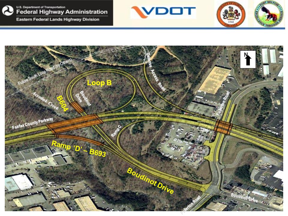 Fullerton Road Ramp C Fairfax County Parkway Defense Access Road Boudinot Drive Fullerton Road N Future South Loop Road (by Others) Boudinot Drive Accotink Creek Fairfax County Parkway -Phase IV Loop B Boudinot Drive Ramp D – B693 B604