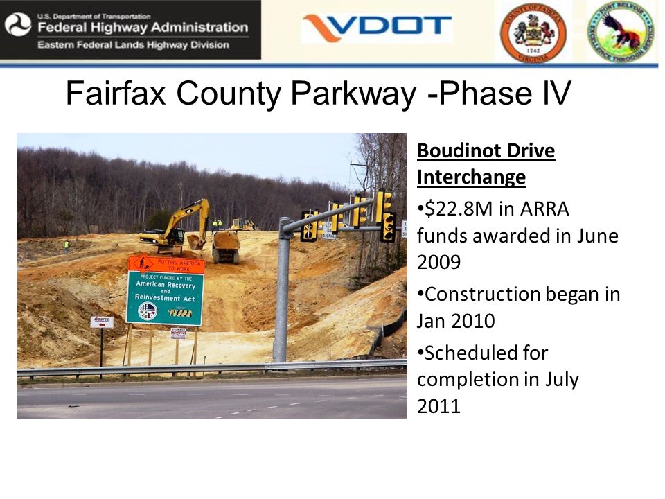 Fairfax County Parkway -Phase IV Boudinot Drive Interchange $22.8M in ARRA funds awarded in June 2009 Construction began in Jan 2010 Scheduled for completion in July 2011