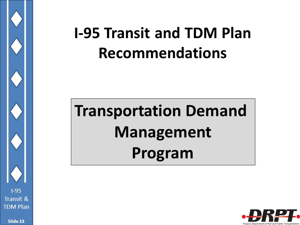 I-95 Transit & TDM Plan I-95 Transit and TDM Plan Recommendations Transportation Demand Management Program Slide 13