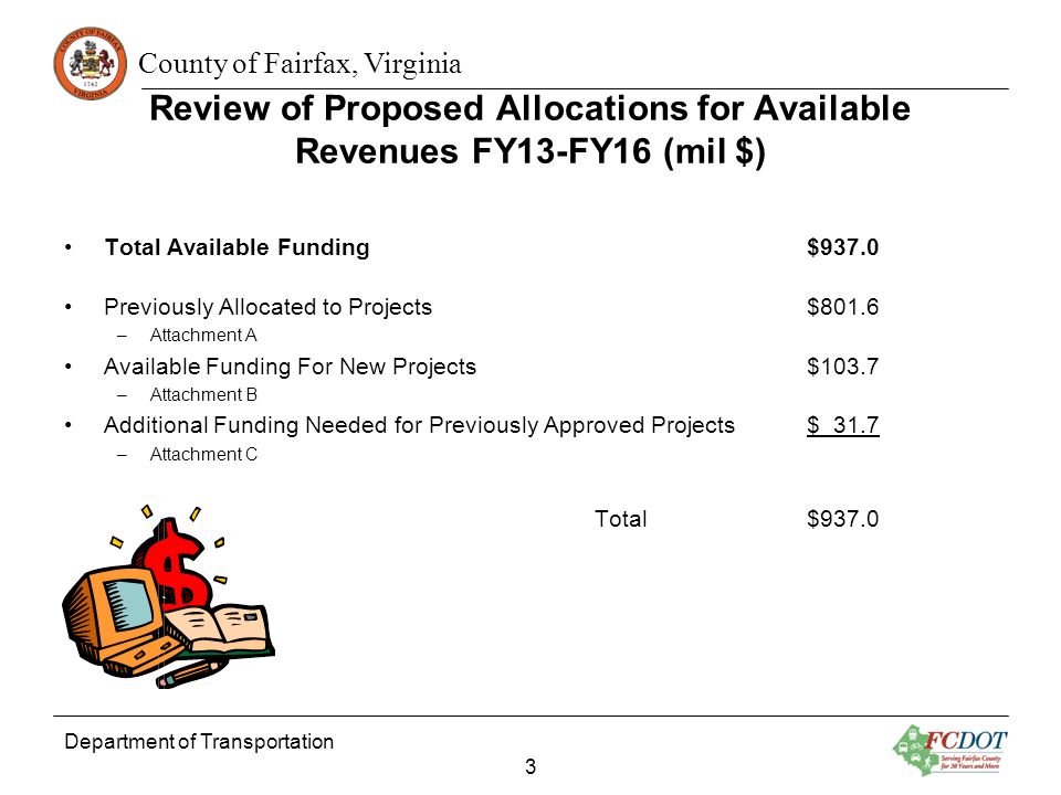 County of Fairfax, Virginia Review of Proposed Allocations for Available Revenues FY13-FY16 (mil $) Total Available Funding $937.0 Previously Allocated to Projects$801.6 –Attachment A Available Funding For New Projects$103.7 –Attachment B Additional Funding Needed for Previously Approved Projects$ 31.7 –Attachment C Total$937.0 Department of Transportation 3