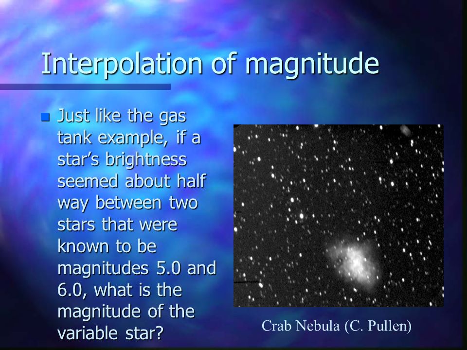 Interpolation of magnitude n Just like the gas tank example, if a stars brightness seemed about half way between two stars that were known to be magnitudes 5.0 and 6.0, what is the magnitude of the variable star.