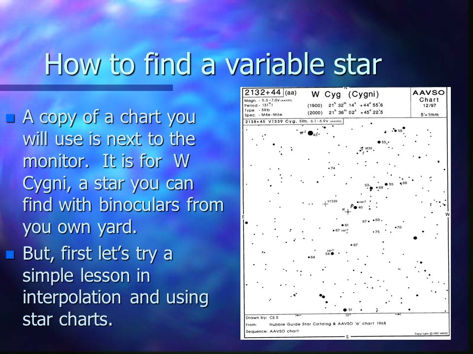 How to find a variable star n A copy of a chart you will use is next to the monitor.