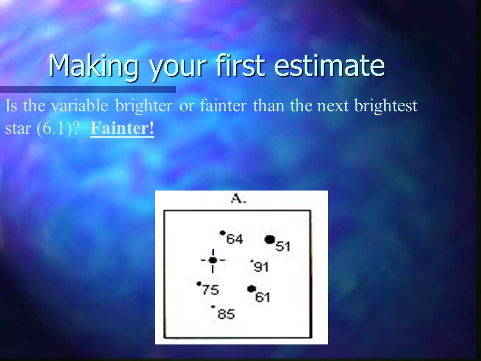 Making your first estimate Is the variable brighter or fainter than the next brightest star (6.1).