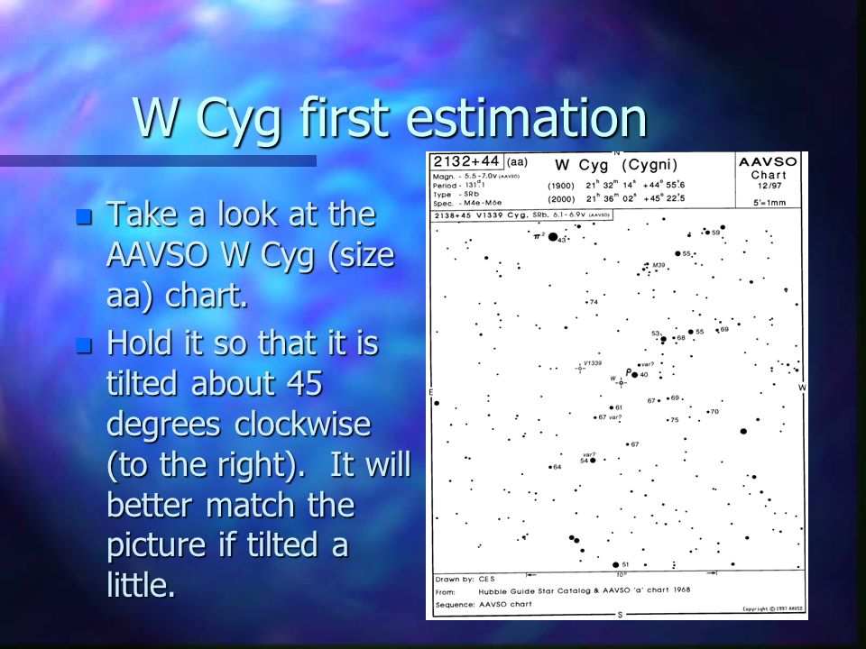 W Cyg first estimation n Take a look at the AAVSO W Cyg (size aa) chart.