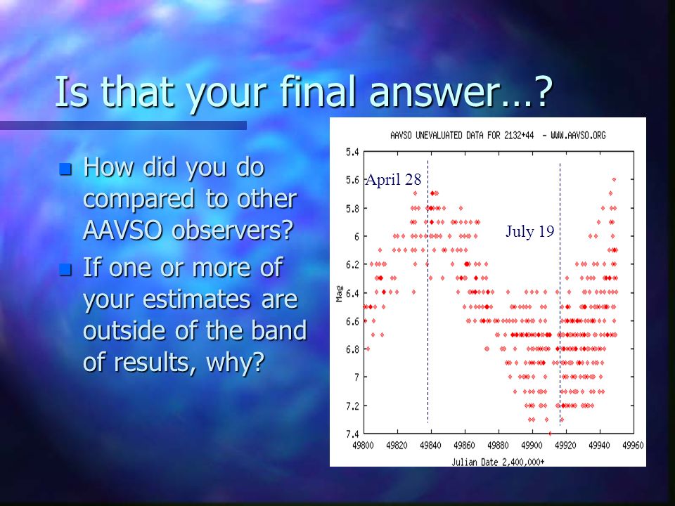 Is that your final answer…. n How did you do compared to other AAVSO observers.