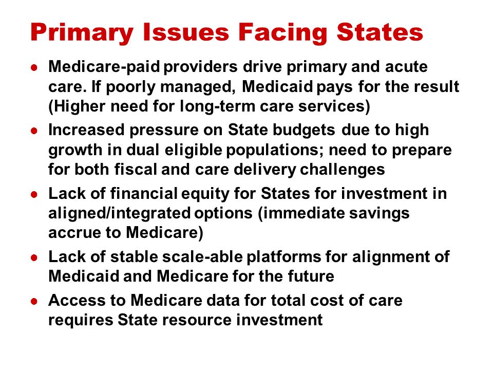 Primary Issues Facing States Medicare-paid providers drive primary and acute care.