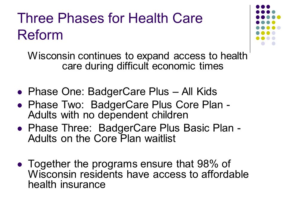 Three Phases for Health Care Reform Wisconsin continues to expand access to health care during difficult economic times Phase One: BadgerCare Plus – All Kids Phase Two: BadgerCare Plus Core Plan - Adults with no dependent children Phase Three: BadgerCare Plus Basic Plan - Adults on the Core Plan waitlist Together the programs ensure that 98% of Wisconsin residents have access to affordable health insurance