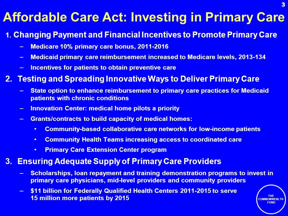 THE COMMONWEALTH FUND 3 Affordable Care Act: Investing in Primary Care 1.
