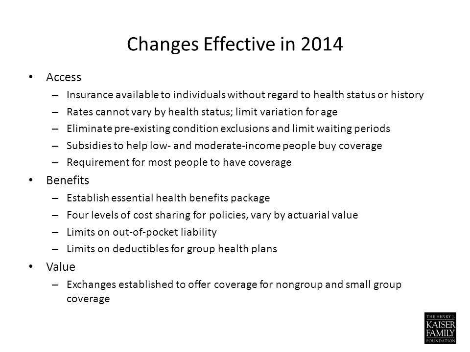 Changes Effective in 2014 Access – Insurance available to individuals without regard to health status or history – Rates cannot vary by health status; limit variation for age – Eliminate pre-existing condition exclusions and limit waiting periods – Subsidies to help low- and moderate-income people buy coverage – Requirement for most people to have coverage Benefits – Establish essential health benefits package – Four levels of cost sharing for policies, vary by actuarial value – Limits on out-of-pocket liability – Limits on deductibles for group health plans Value – Exchanges established to offer coverage for nongroup and small group coverage