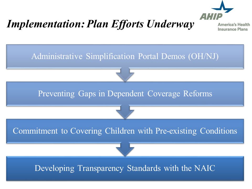 Implementation: Plan Efforts Underway Developing Transparency Standards with the NAIC Commitment to Covering Children with Pre-existing Conditions Preventing Gaps in Dependent Coverage Reforms Administrative Simplification Portal Demos (OH/NJ)