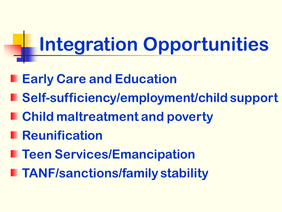 Integration Opportunities Early Care and Education Self-sufficiency/employment/child support Child maltreatment and poverty Reunification Teen Services/Emancipation TANF/sanctions/family stability