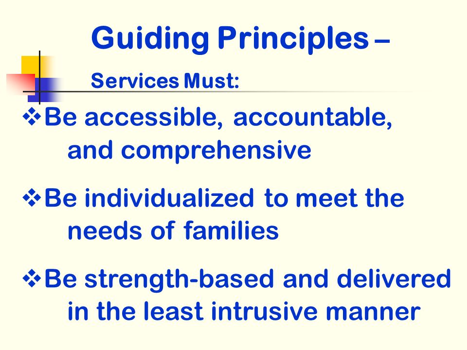 Be accessible, accountable, and comprehensive Be individualized to meet the needs of families Be strength-based and delivered in the least intrusive manner Guiding Principles – Services Must: