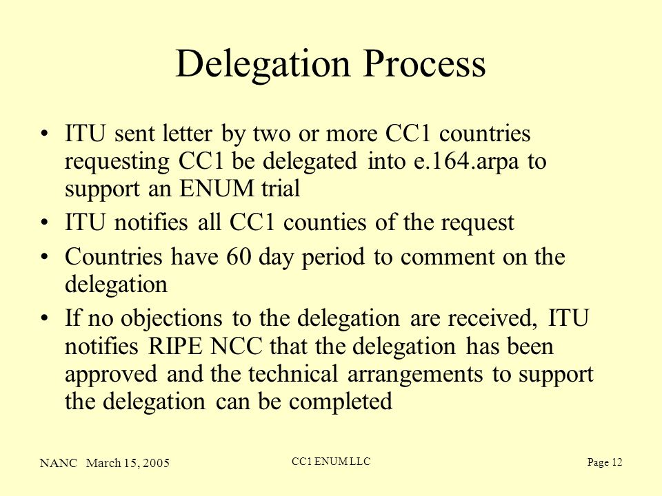 NANC March 15, 2005 CC1 ENUM LLC Page 12 Delegation Process ITU sent letter by two or more CC1 countries requesting CC1 be delegated into e.164.arpa to support an ENUM trial ITU notifies all CC1 counties of the request Countries have 60 day period to comment on the delegation If no objections to the delegation are received, ITU notifies RIPE NCC that the delegation has been approved and the technical arrangements to support the delegation can be completed
