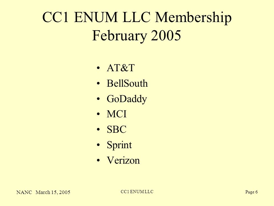 NANC March 15, 2005 CC1 ENUM LLC Page 6 CC1 ENUM LLC Membership February 2005 AT&T BellSouth GoDaddy MCI SBC Sprint Verizon