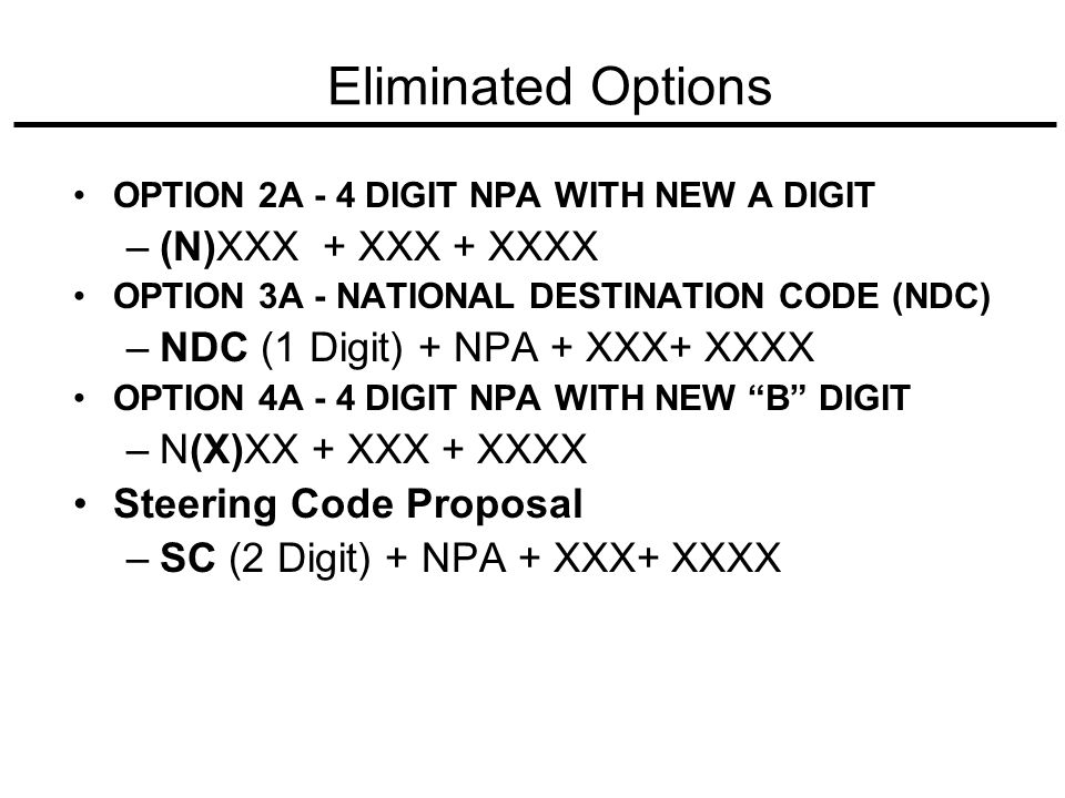 Eliminated Options OPTION 2A - 4 DIGIT NPA WITH NEW A DIGIT –(N)XXX + XXX + XXXX OPTION 3A - NATIONAL DESTINATION CODE (NDC) –NDC (1 Digit) + NPA + XXX+ XXXX OPTION 4A - 4 DIGIT NPA WITH NEW B DIGIT –N(X)XX + XXX + XXXX Steering Code Proposal –SC (2 Digit) + NPA + XXX+ XXXX